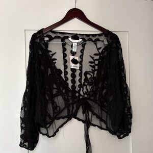 LC LAUREN CONRAD Black Sheer Lace Tie-Front Blouse - NWT, one size fits all